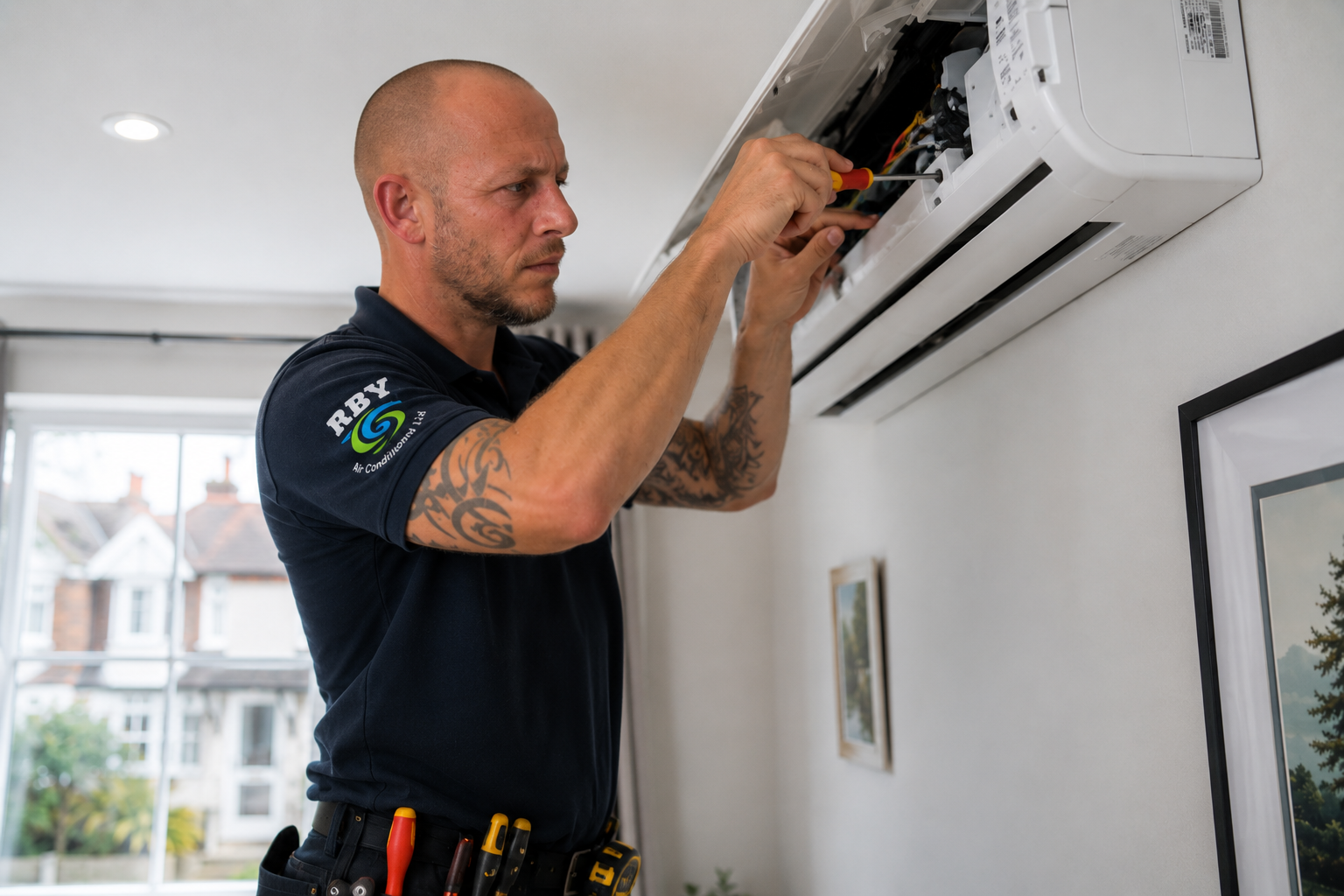 Doug Ruby servicing an air conditioning unit